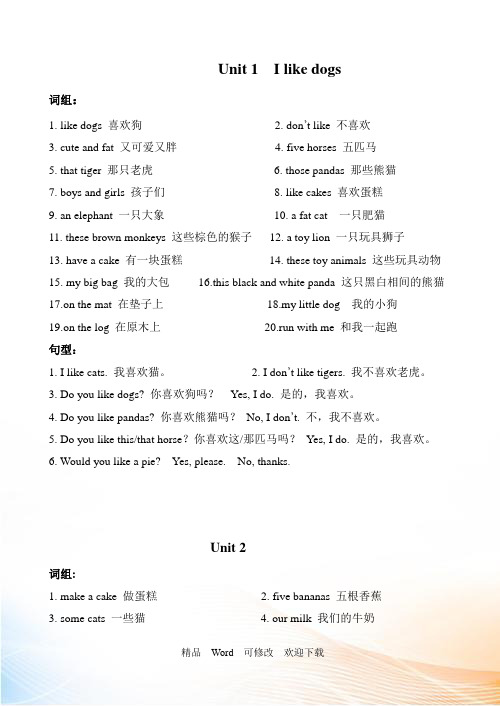 译林版(三起)四年级上册英语各单元词组和句子素材资料