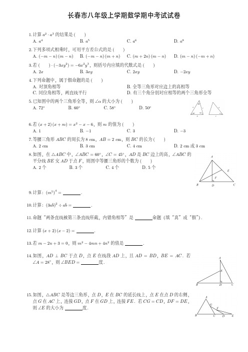 长春市八年级上学期数学期中考试试卷(附答案)