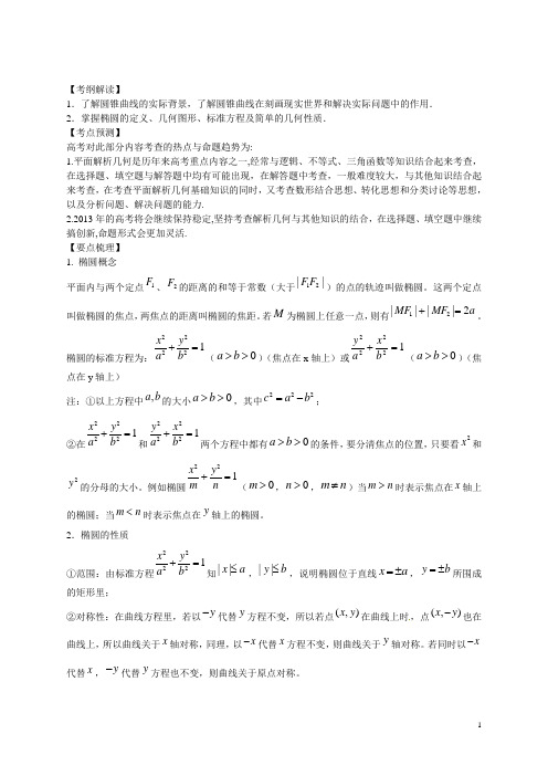 高考数学一轮复习精品教学案8.5 椭圆(教师版) 新人教版