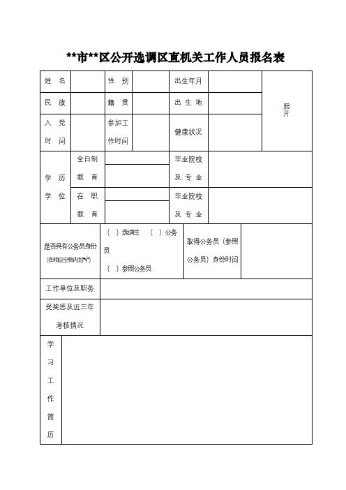 XX市XX区公开选调区直机关工作人员报名表【模板】