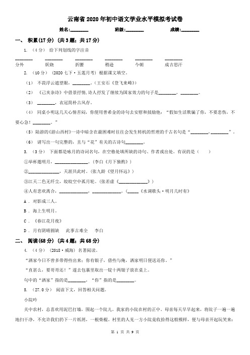 云南省2020年初中语文学业水平模拟考试卷