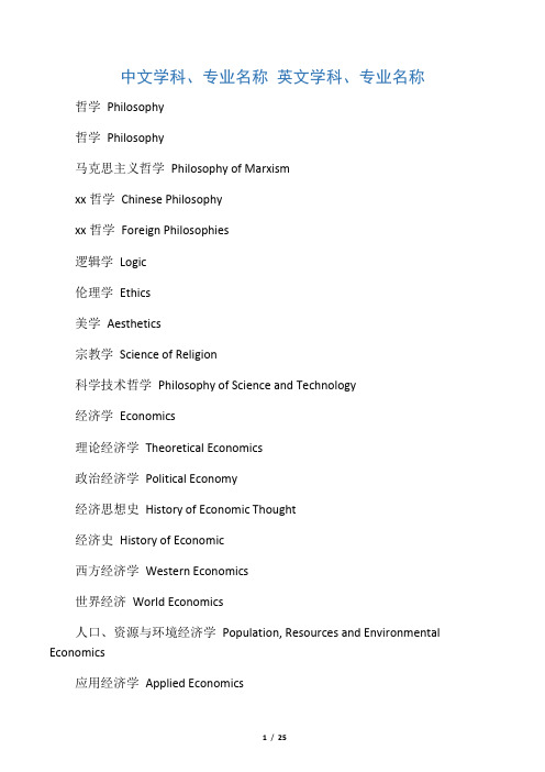 大学各个专业名称的英文翻译