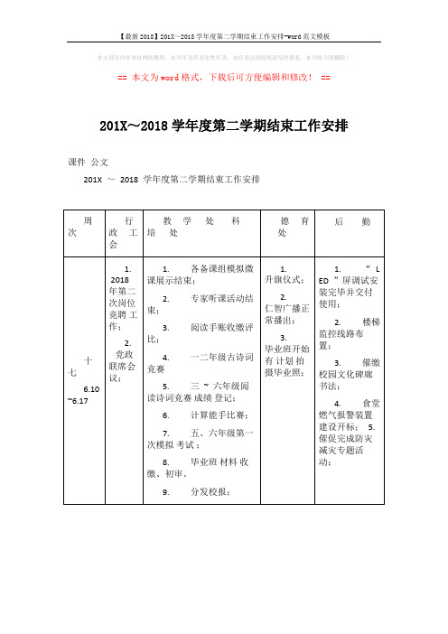 【最新2018】201X～2018学年度第二学期结束工作安排-word范文模板 (4页)