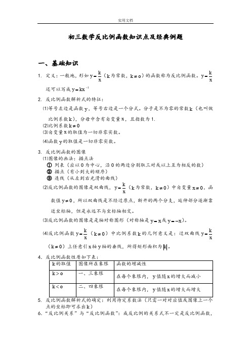 初三数学反比例函数知识点及经典例题