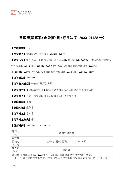 章卸忠赌博案(金公南(刑)行罚决字[2022]01488号)