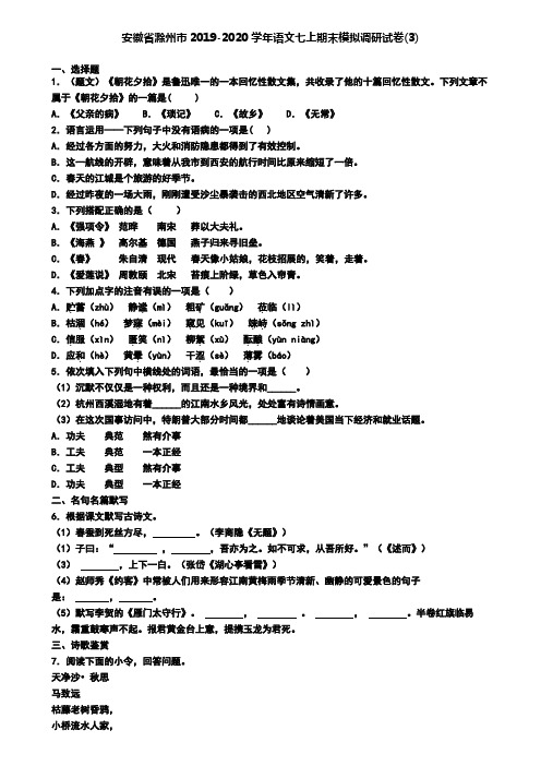 安徽省滁州市2019-2020学年语文七上期末模拟调研试卷(3)