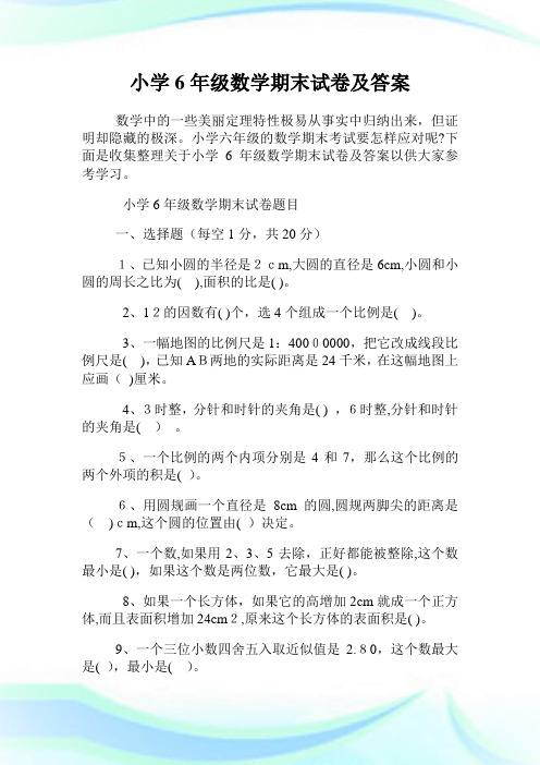 小学6年级数学期末试卷及答案.doc