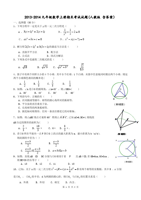 2013-2014九年级数学上册期末考试试题(人教版 含答案)