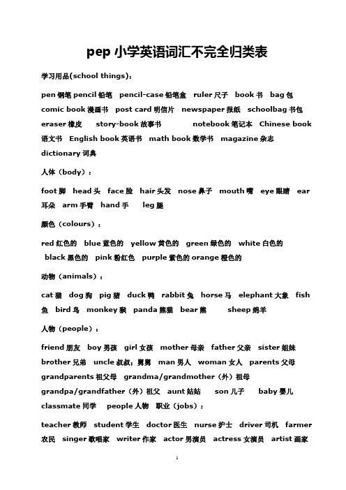 pep小学英语词汇句型不完全归类表
