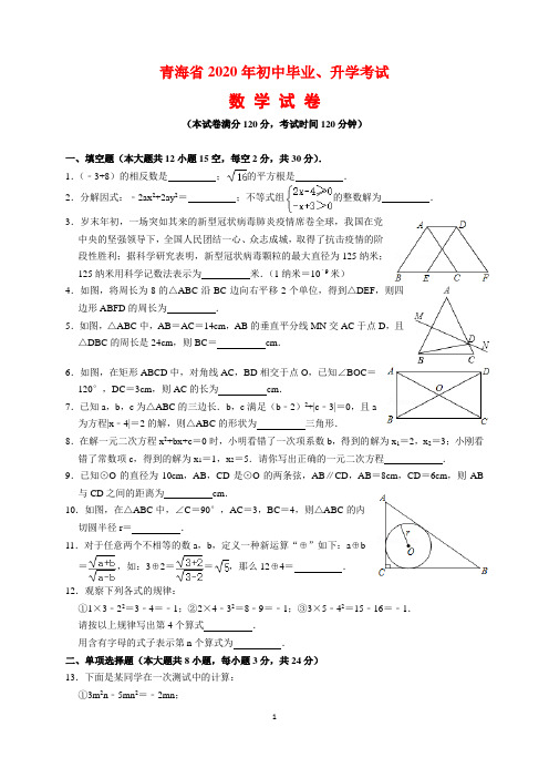 2020年青海省中考数学试题及参考答案(word解析版)
