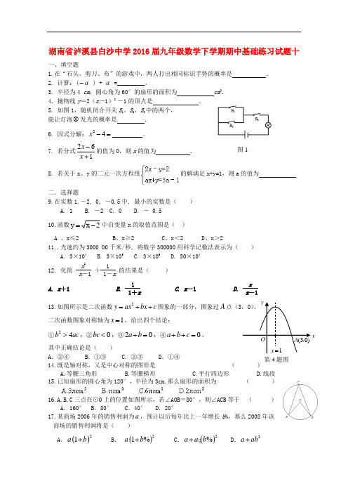湖南省泸溪县白沙中学九年级数学下学期期中基础练习试