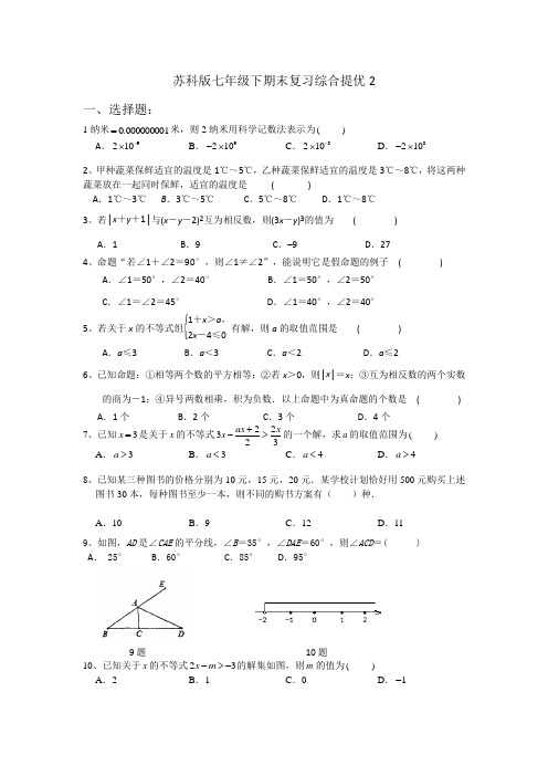 2020-2021学年七年级数学苏科版下册期末复习综合提优2
