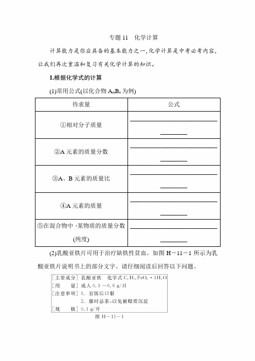 2020年中考化学基础知识专题复习梳理：专题11 化学计算