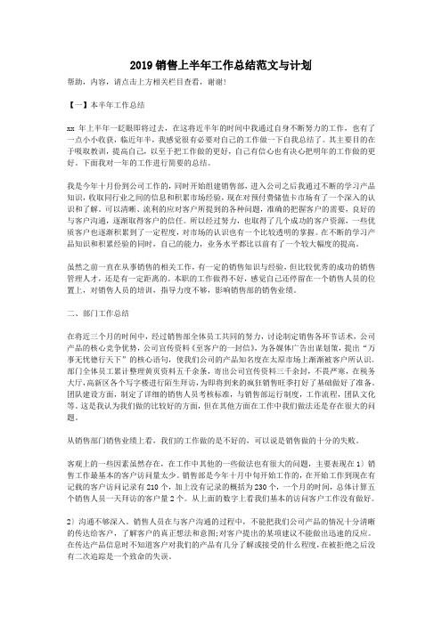 2019销售上半年工作总结范文与计划
