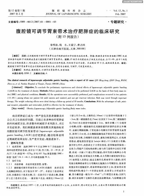 腹腔镜可调节胃束带术治疗肥胖症的临床研究(附15例报告)