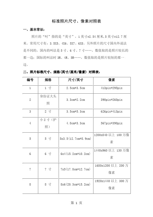 标准照片尺寸像素对照表3页word