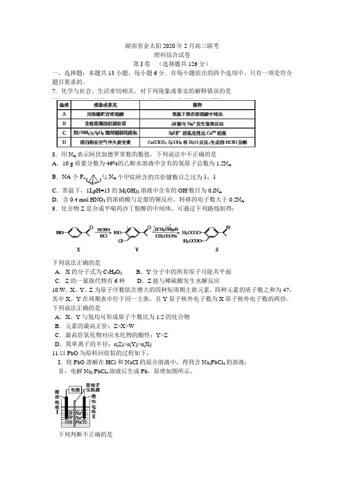 湖南2020年2月高三线上联考(全国I卷)理综化学考试试题 001C word