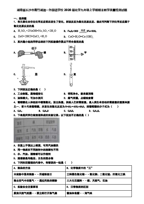 湖南省长沙市青竹湖湘一外国语学校2020届化学九年级上学期期末教学质量检测试题