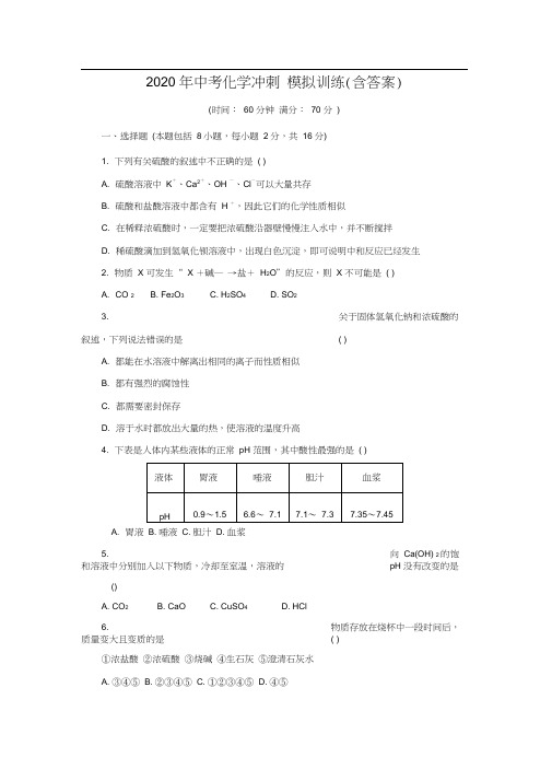 2020年中考化学冲刺模拟训练(包含答案)