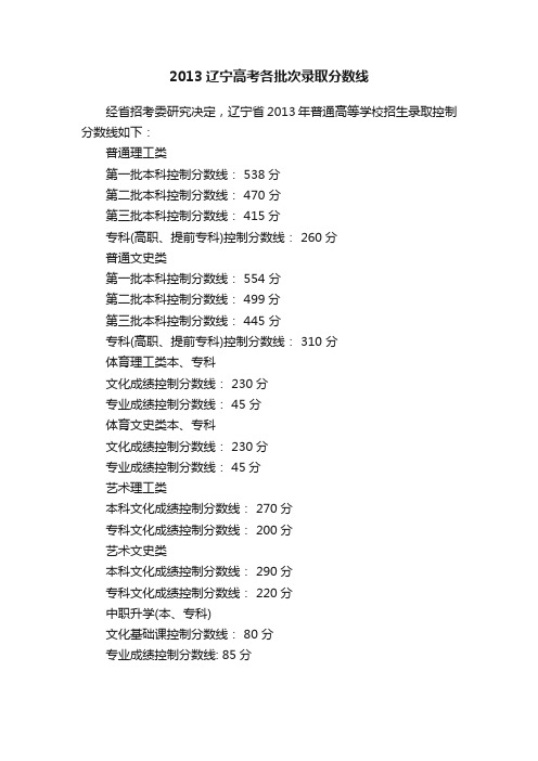 2013辽宁高考各批次录取分数线