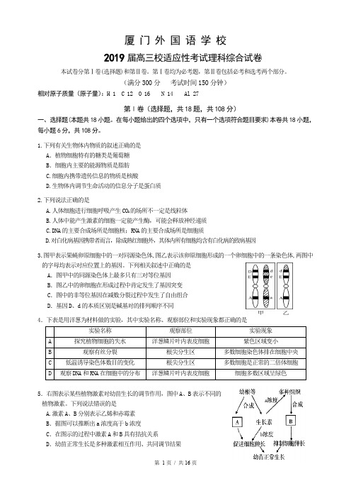 福建省厦门外国语学校2019届高三校适应性考试理综试题 Word版含答案