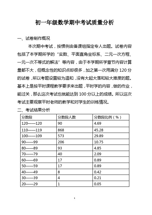 初一年级数学期中考试质量分析