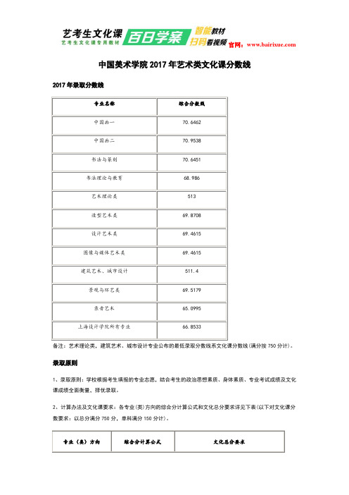 中国美术学院2017年艺术类文化课分数线