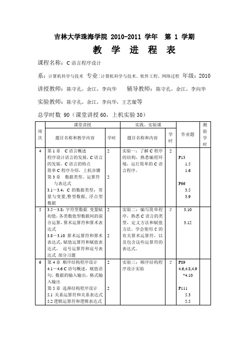 2010级《C语言程序设计》教学进度表