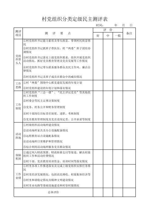 村党组织分类定级民主测评表