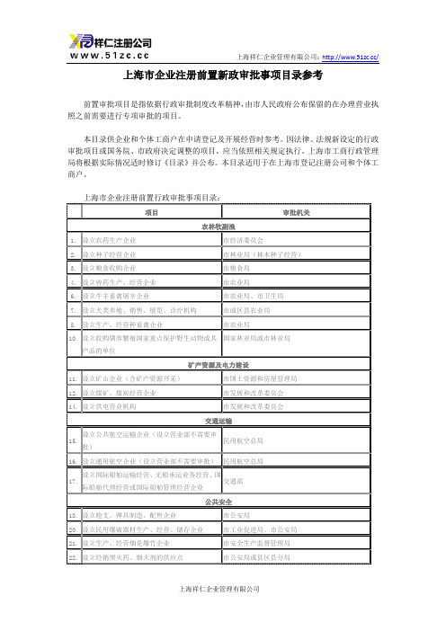 上海市企业注册前置新政审批事项目录参考