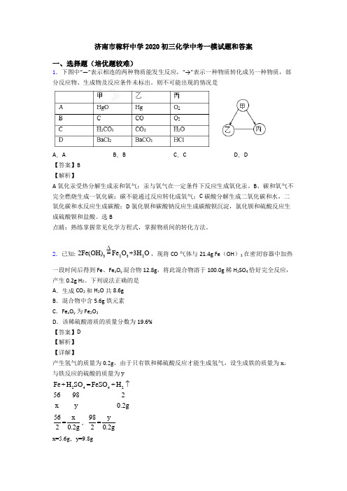 济南市稼轩中学2020初三化学中考一模试题和答案