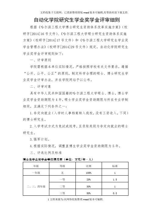 哈尔滨工程大学2017年自动化学院研究生学业奖学金评审细则