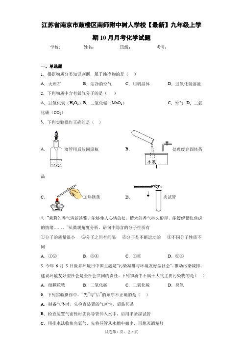 江苏省南京市鼓楼区南师附中树人学校2020-2021学年九年级上学期10月月考化学试题