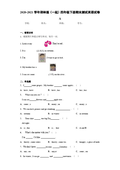 2020-2021学年译林版(一起)四年级下册期末测试英语试卷A