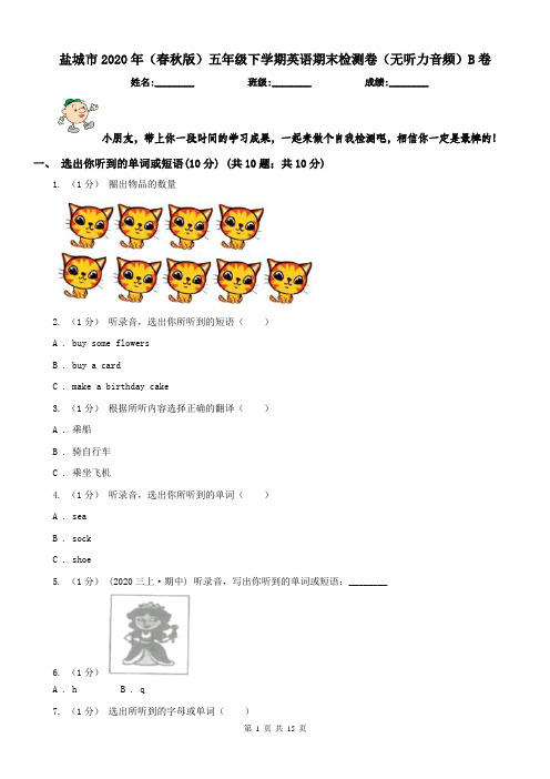 盐城市2020年(春秋版)五年级下学期英语期末检测卷(无听力音频)B卷