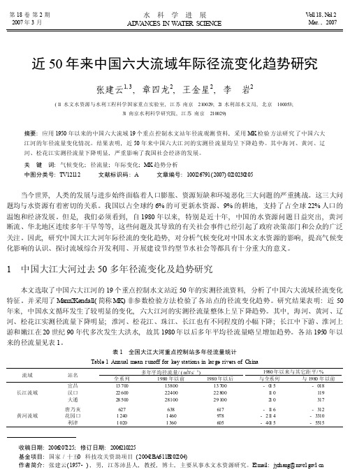 近50年来中国六大流域年际径流变化趋势研究