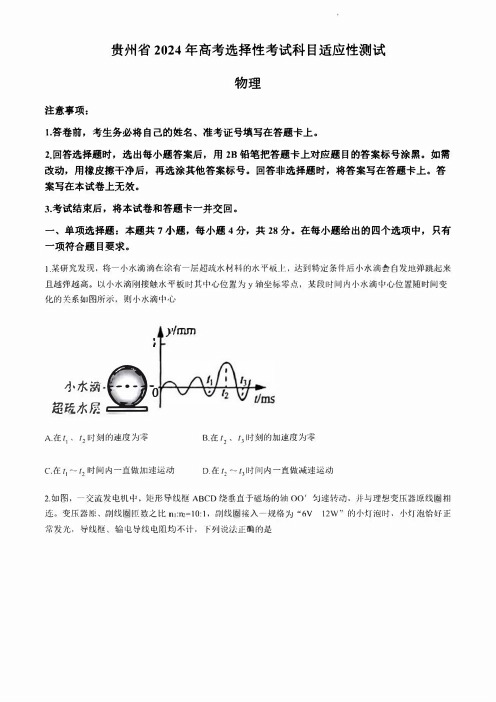 贵州省2024年高三年级4月适应性考试(二模)物理试卷及答案