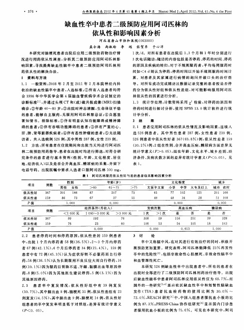 缺血性卒中患者二级预防应用阿司匹林的依从性和影响因素分析