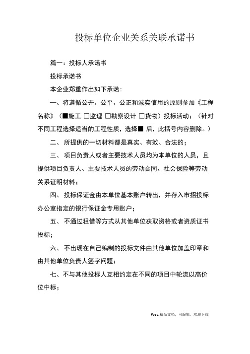 投标单位企业关系关联承诺书