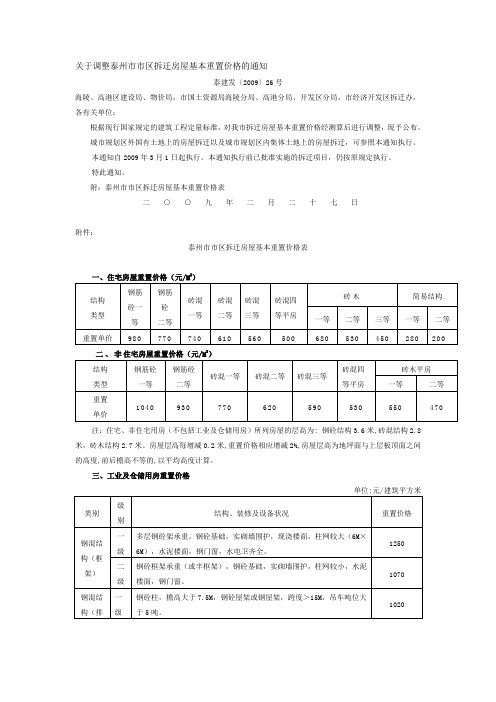 关于调整泰州市市区拆迁房屋基本重置价格的通知