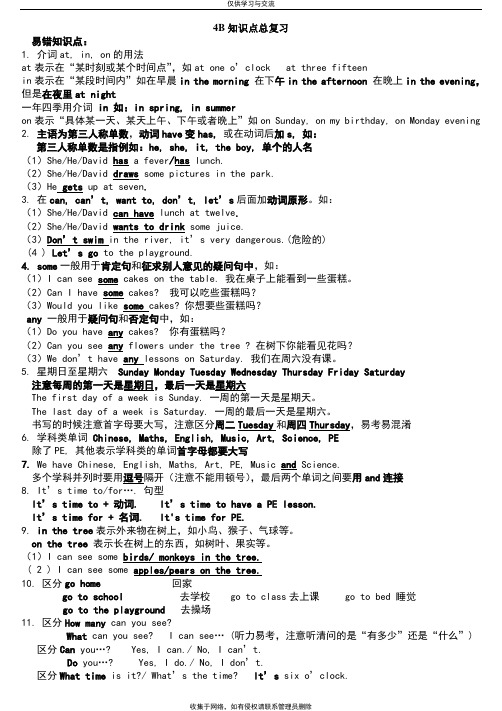 最新苏教版四年级小学英语下册4BUnit1-8易错知识点总复习