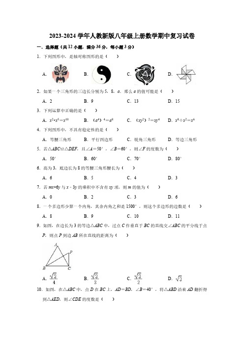 2023-2024学年人教新版八年级上册数学期中复习试卷(含解析)