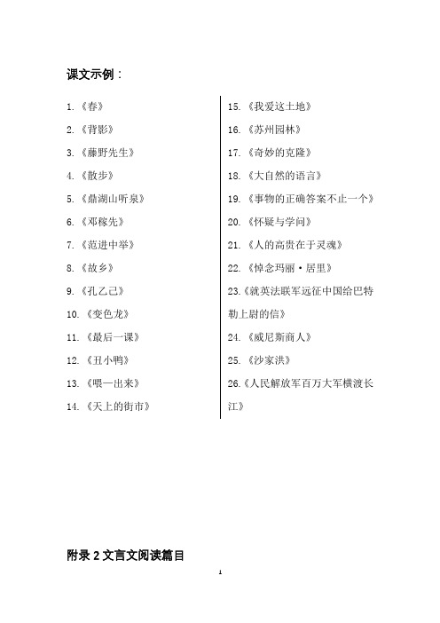 2016年北京语文中考说明附录 (删节版)