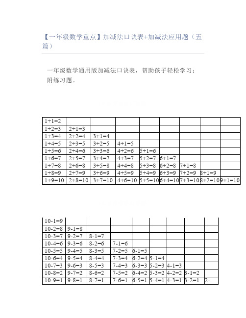 【一年级数学重点】加减法口诀表加减法应用题(五篇)