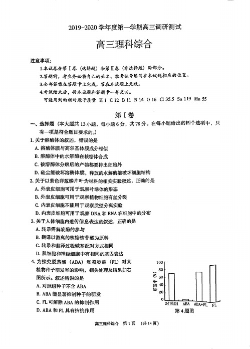 东莞市2019-2020学年度第一学期教学质量检测高三理综试卷PDF版(含答案)
