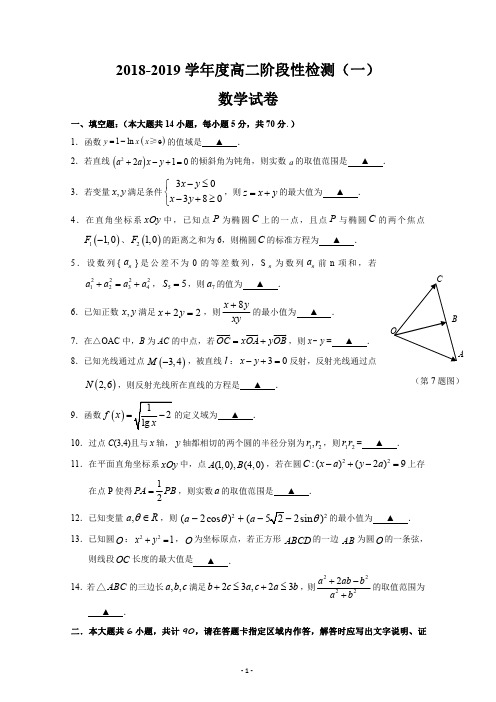 江苏省海安高级中学2018-2019学年高二10月月考数学试题 含答案