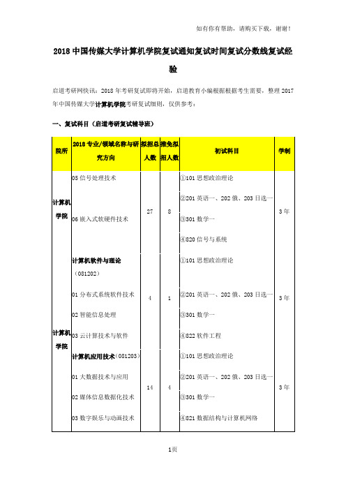 2018年度中国传媒大学计算机学院复试通知复试时间复试分数线复试经验