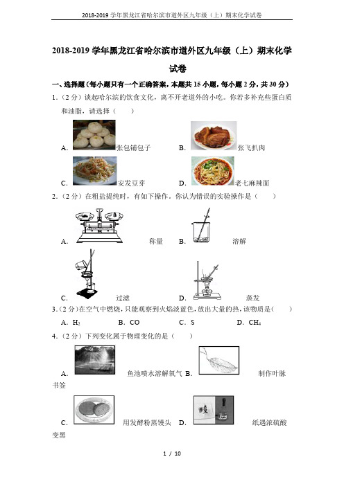 2018-2019学年黑龙江省哈尔滨市道外区九年级(上)期末化学试卷