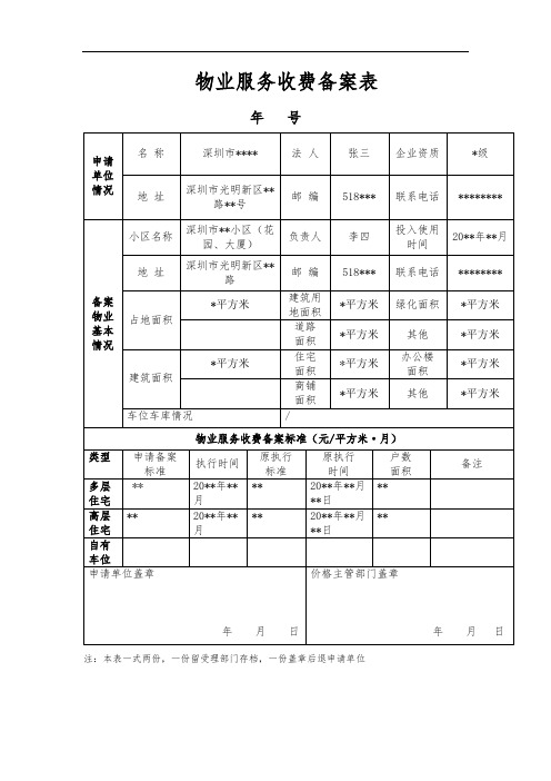 物业服务收费备案表【模板】