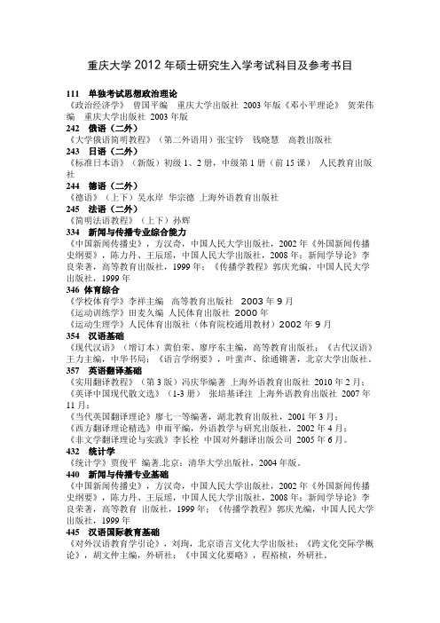 重庆大学2012年硕士研究生入学历年测验考试科目及参考目